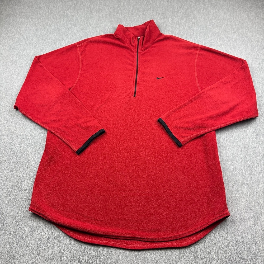 Vintage Nike Sweater Men Large Red Pullover Swoosh 1/4 Zip Fleece Mock Neck Y2K